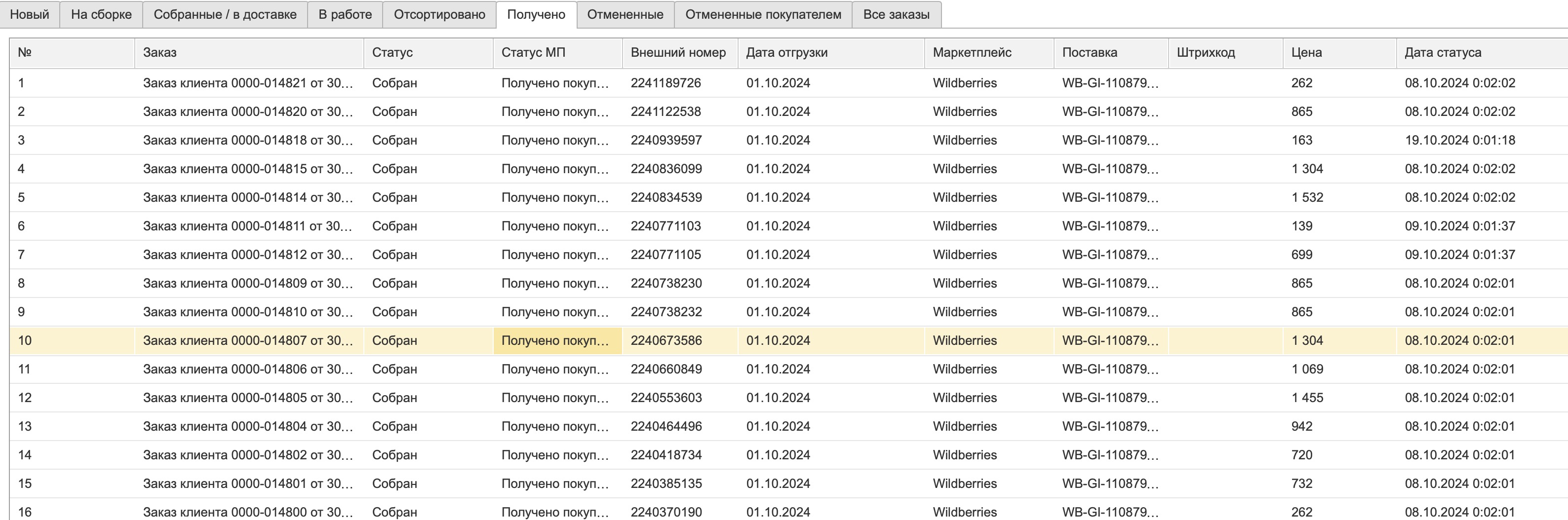 Статусы заказов маркетплейса в 1С