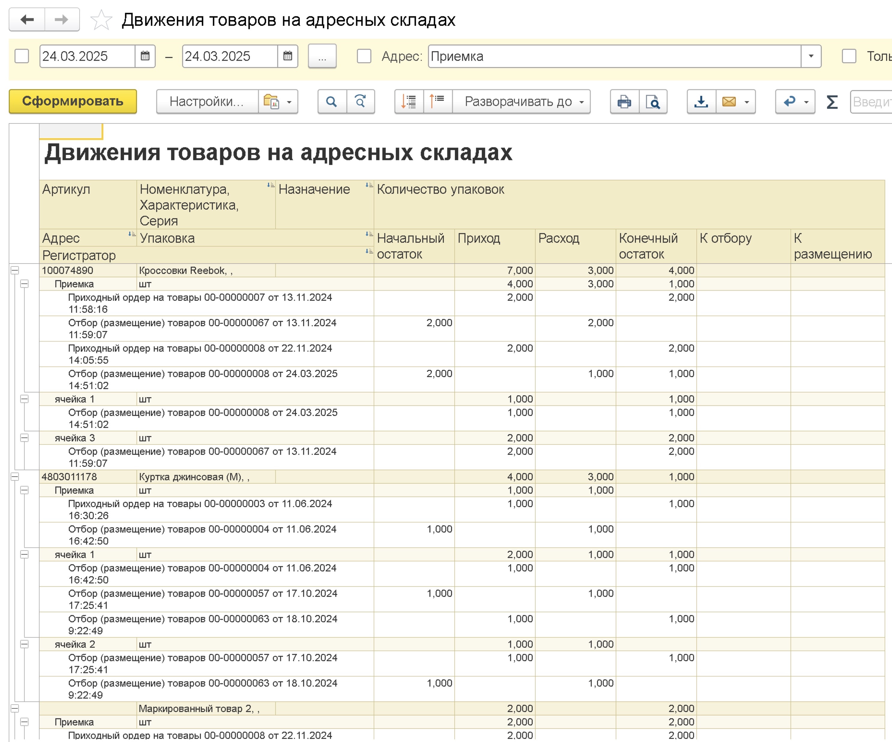 Движение товаров на адресных складах